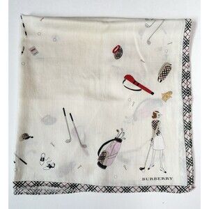 Burberry Scarf White Golf Theme w/ Plaid Nova Check Accents Y2K Preppy Golfing